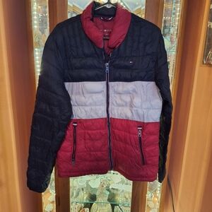 Tommy Hilfiger Men’s Quilted Colorblock Puffer Jacket - Black/Gray/Red